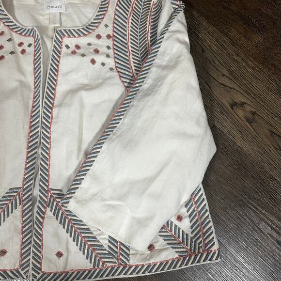 CHICOS Artisan Cropped Boho Jacket sz3 Cream Embroidered Beaded Tribal - Picture 5 of 12